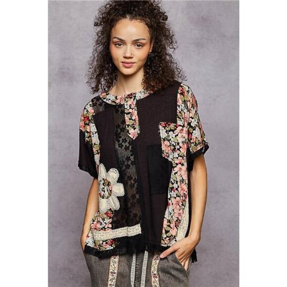 POL Lace Round Neck Short Sleeve Floral Pattern Top with Patch Detail - Picture 1 of 5